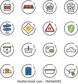 line vector icon set - sign post vector, waiting area, snowball house, road signpost, main, oncoming traffic, shield, presentation board, basket, envelope, pedestal, battery, basin, wheelbarrow