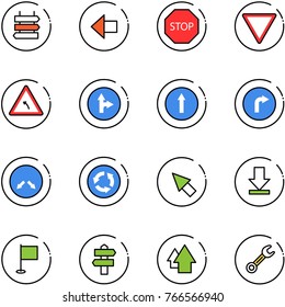 line vector icon set - sign post vector, left arrow, stop road, giving way, turn, only forward right, detour, circle, cursor, download, flag, signpost, up, wrench