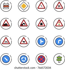 line vector icon set - sign post vector, main road, turn left, oncoming traffic, steep descent, embankment, tunnel, light, side wind, cow, only forward right, detour, circle, no stop, signpost