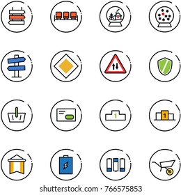 line vector icon set - sign post vector, waiting area, snowball house, road signpost, main, oncoming traffic, shield, basket, envelope, pedestal, pennant, battery, wheelbarrow