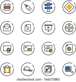 line vector icon set - sign post vector, medical label, road signpost, main, opened mail, document, presentation board, film coil, certificate, envelope, pennant, cap, photo, monoblock pc