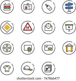 line vector icon set - sign post vector, identity, medical label, road signpost, main, oncoming traffic, opened mail, presentation board, film coil, certificate, envelope, pennant, t shirt, cap