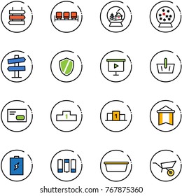 line vector icon set - sign post vector, waiting area, snowball house, road signpost, shield, presentation board, basket, envelope, pedestal, pennant, battery, basin, wheelbarrow