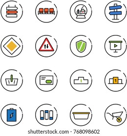 line vector icon set - sign post vector, waiting area, snowball house, road signpost, main, oncoming traffic, shield, presentation board, basket, envelope, pedestal, battery, basin, wheelbarrow