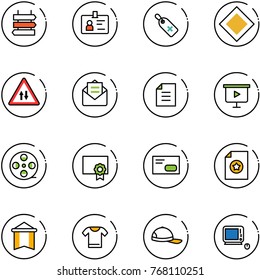line vector icon set - sign post vector, identity, medical label, main road, oncoming traffic, opened mail, document, presentation board, film coil, certificate, envelope, pennant, t shirt, cap