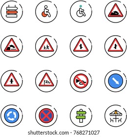 line vector icon set - sign post vector, disabled, steep descent road, embankment, children, intersection, side wind, no horn, detour, circle, stop, signpost, outdoor cafe