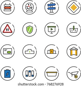 line vector icon set - sign post vector, snowball, road signpost, main, oncoming traffic, shield, presentation board, basket, envelope, pedestal, pennant, battery, basin, wheelbarrow