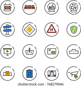 line vector icon set - sign post vector, waiting area, snowball house, road signpost, main, oncoming traffic, shield, presentation board, basket, envelope, pedestal, battery, wheelbarrow