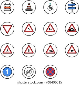line vector icon set - sign post vector, road cone, disabled, signpost, giving way, turn left, oncoming traffic, embankment, pedestrian, intersection, side wind, cow, only forward, end speed limit