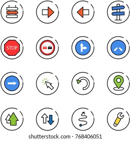 line vector icon set - sign post vector, right arrow, left, road signpost, stop, no overtake, only forward, detour, cursor, undo, map pin, up, down arrows, trip, wrench