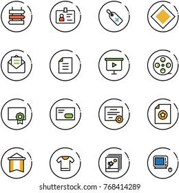 line vector icon set - sign post vector, identity, medical label, main road, opened mail, document, presentation board, film coil, certificate, envelope, pennant, t shirt, photo, monoblock pc