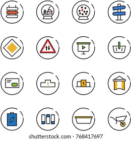 line vector icon set - sign post vector, snowball house, road signpost, main, oncoming traffic, presentation board, basket, envelope, pedestal, pennant, battery, basin, wheelbarrow