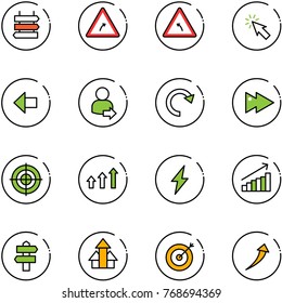 line vector icon set - sign post vector, turn right road, left, cursor, arrow, user login, redo, fast forward, target, arrows up, lightning, growth, signpost