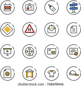 line vector icon set - sign post vector, identity, medical label, road signpost, main, oncoming traffic, opened mail, document, presentation board, film coil, envelope, certificate, pennant, t shirt