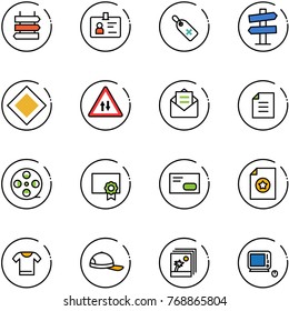 line vector icon set - sign post vector, identity, medical label, road signpost, main, oncoming traffic, opened mail, document, film coil, certificate, envelope, t shirt, cap, photo, monoblock pc