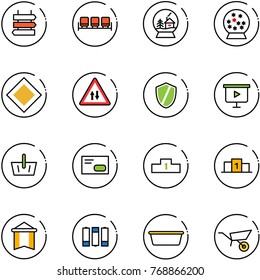 line vector icon set - sign post vector, waiting area, snowball house, main road, oncoming traffic, shield, presentation board, basket, envelope, pedestal, pennant, battery, basin, wheelbarrow