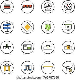 line vector icon set - sign post vector, waiting area, snowball house, road signpost, main, shield, presentation board, basket, envelope, pedestal, pennant, battery, basin, wheelbarrow