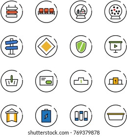 line vector icon set - sign post vector, waiting area, snowball house, road signpost, main, shield, presentation board, basket, envelope, pedestal, pennant, battery, basin