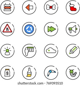 line vector icon set - sign post vector, left arrow, bow, christmas sock, Road narrows, circle, fast forward, loudspeaker, idea, presentation, cloud, highlight marker, money bag, brush, boomerang