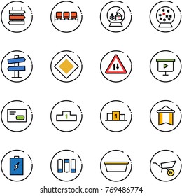 line vector icon set - sign post vector, waiting area, snowball house, road signpost, main, oncoming traffic, presentation board, envelope, pedestal, pennant, battery, basin, wheelbarrow
