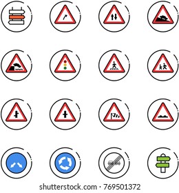 line vector icon set - sign post vector, turn right road, oncoming traffic, steep descent, embankment, light, pedestrian, children, intersection, side wind, rough, detour, circle, end overtake limit
