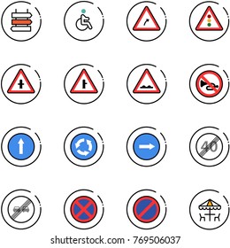 line vector icon set - sign post vector, disabled, turn right road, traffic light, intersection, rough, no horn, only forward, circle, end speed limit, overtake, stop, parking, outdoor cafe