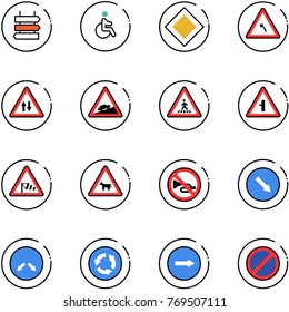 line vector icon set - sign post vector, disabled, main road, turn left, oncoming traffic, climb, pedestrian, intersection, side wind, cow, no horn, detour, circle, only right, parking
