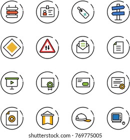 line vector icon set - sign post vector, identity, medical label, road signpost, main, oncoming traffic, opened mail, document, presentation board, certificate, envelope, pennant, cap, monoblock pc