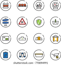line vector icon set - sign post vector, waiting area, snowball house, road signpost, oncoming traffic, shield, basket, envelope, pedestal, pennant, battery, basin, wheelbarrow