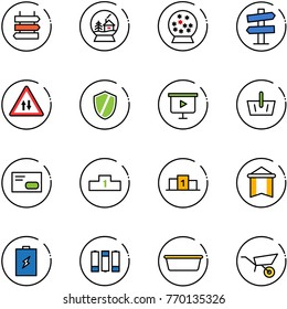 line vector icon set - sign post vector, snowball house, road signpost, oncoming traffic, shield, presentation board, basket, envelope, pedestal, pennant, battery, basin, wheelbarrow