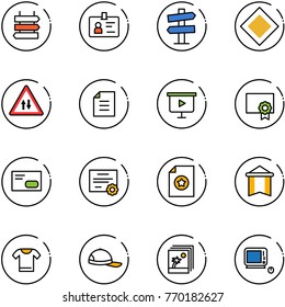 line vector icon set - sign post vector, identity, road signpost, main, oncoming traffic, document, presentation board, certificate, envelope, pennant, t shirt, cap, photo, monoblock pc