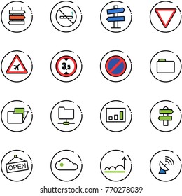 line vector icon set - sign post vector, no smoking, road signpost, giving way, airport, limited height, parking, folder, network, statistics, open, cloud, growth, satellite antenna