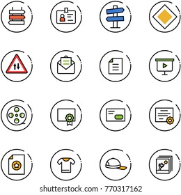 line vector icon set - sign post vector, identity, road signpost, main, oncoming traffic, opened mail, document, presentation board, film coil, certificate, envelope, t shirt, cap, photo