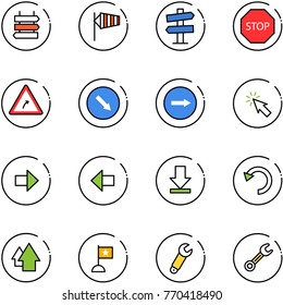 line vector icon set - sign post vector, side wind, road signpost, stop, turn right, detour, only, cursor, arrow, left, download, undo, up, flag, wrench