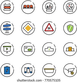 line vector icon set - sign post vector, waiting area, snowball house, road signpost, main, oncoming traffic, shield, presentation board, envelope, pedestal, battery, basin, wheelbarrow