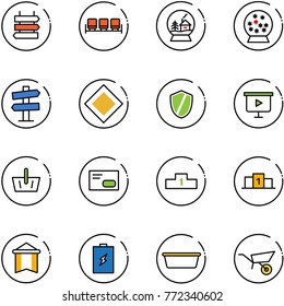 line vector icon set - sign post vector, waiting area, snowball house, road signpost, main, shield, presentation board, basket, envelope, pedestal, pennant, battery, basin, wheelbarrow