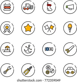 line vector icon set - sign post vector, fork loader, christmas sock, loudspeaker, star medal, flags cross, ice cream, bungalow, anchor, projector, saw, wrench, pliers, rivet, car