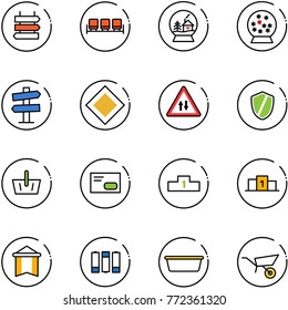 line vector icon set - sign post vector, waiting area, snowball house, road signpost, main, oncoming traffic, shield, basket, envelope, pedestal, pennant, battery, basin, wheelbarrow