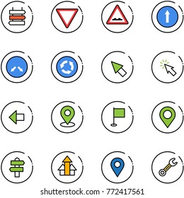 line vector icon set - sign post vector, giving way road, rough, only forward, detour, circle, cursor, left arrow, map pin, flag, signpost, arrows up, navigation, wrench