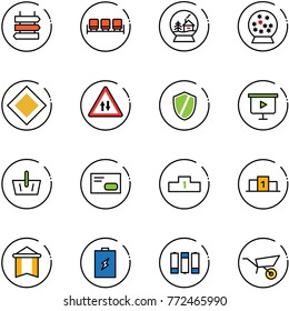 line vector icon set - sign post vector, waiting area, snowball house, main road, oncoming traffic, shield, presentation board, basket, envelope, pedestal, pennant, battery, wheelbarrow