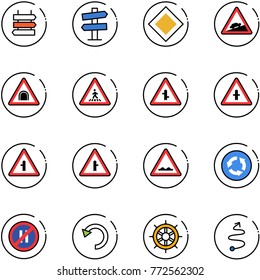 line vector icon set - sign post vector, road signpost, main, climb, tunnel, pedestrian, intersection, rough, circle, no parking even, undo, hand wheel, trip
