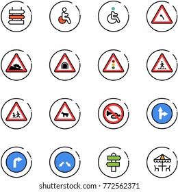 line vector icon set - sign post vector, disabled, turn left road, steep descent, tunnel, traffic light, pedestrian, children, cow, no horn, only forward right, detour, signpost, outdoor cafe