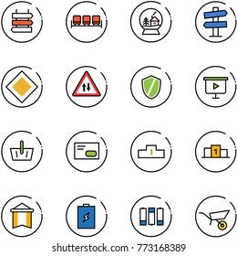 line vector icon set - sign post vector, waiting area, snowball house, road signpost, main, oncoming traffic, shield, presentation board, basket, envelope, pedestal, pennant, battery, wheelbarrow