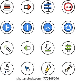 line vector icon set - sign post vector, right arrow, road signpost, no overtake, only forward, detour, circle, cursor, left, download, trip, wrench