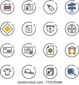 line vector icon set - sign post vector, identity, medical label, road signpost, main, document, presentation board, film coil, envelope, certificate, pennant, t shirt, cap, photo, monoblock pc