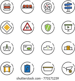 line vector icon set - sign post vector, waiting area, snowball, road signpost, main, oncoming traffic, shield, presentation board, basket, envelope, pedestal, pennant, battery, basin, wheelbarrow