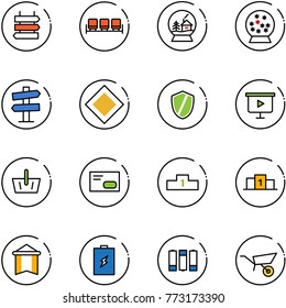 line vector icon set - sign post vector, waiting area, snowball house, road signpost, main, shield, presentation board, basket, envelope, pedestal, pennant, battery, wheelbarrow