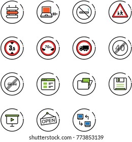 line vector icon set - sign post vector, netabook connect, no smoking, children road, limited height, distance, truck, end speed limit, overtake, website, folder, save, presentation board, open