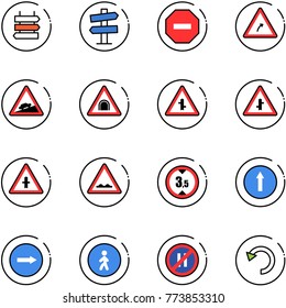 line vector icon set - sign post vector, road signpost, no way, turn right, climb, tunnel, intersection, rough, limited height, only forward, pedestrian, parking even, undo
