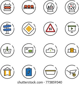 line vector icon set - sign post vector, waiting area, snowball house, road signpost, main, oncoming traffic, presentation board, basket, envelope, pedestal, pennant, battery, basin, wheelbarrow